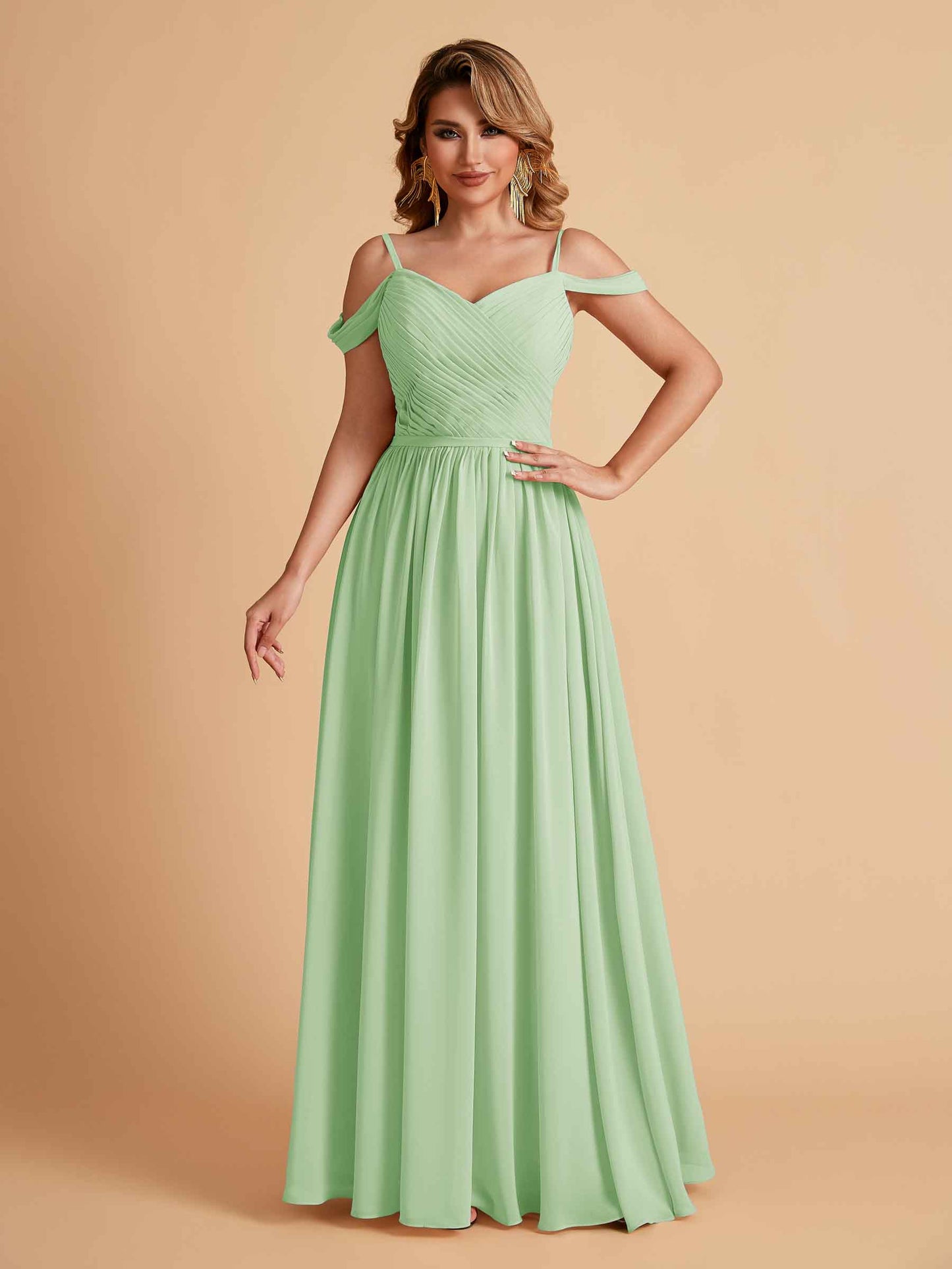 Elegant A-line Chiffon Off The Shoulder V-Neck Bridesmaid Dresses Online