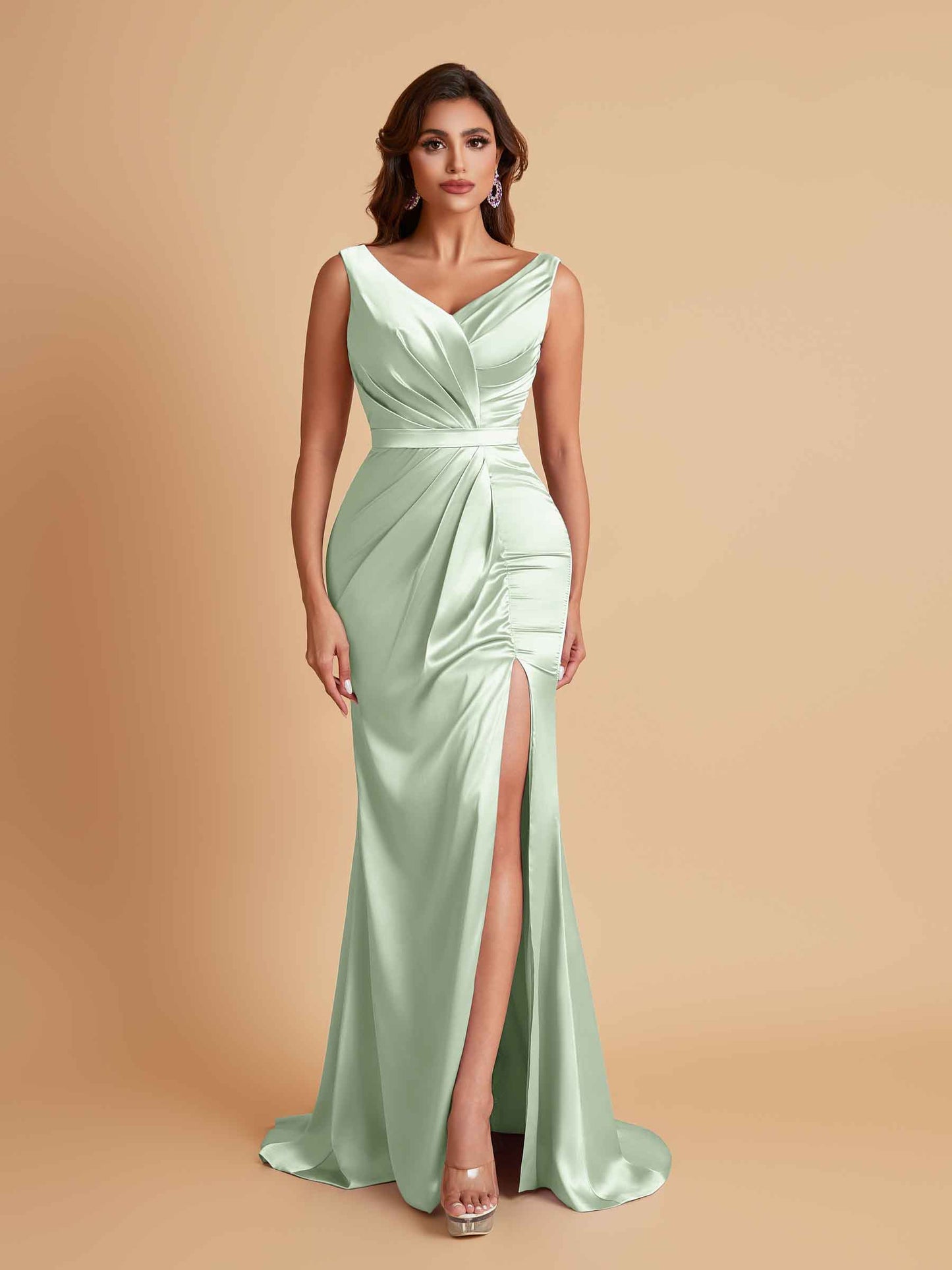 Elegant V Neck Soft Satin Side Slit Floor-Length Mermaid Bridesmaid Dresses