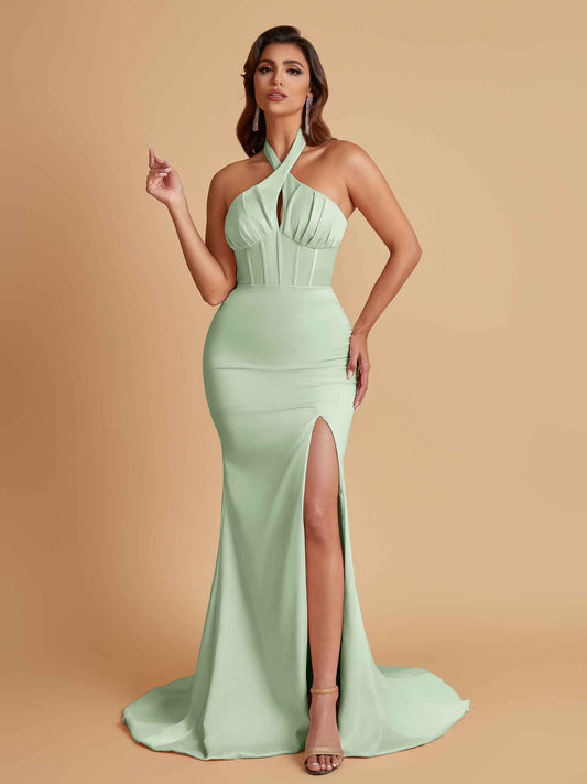 Elegant Soft Satin Mermaid Halter Side Slit Floor-Length Bridesmaid Dresses Online