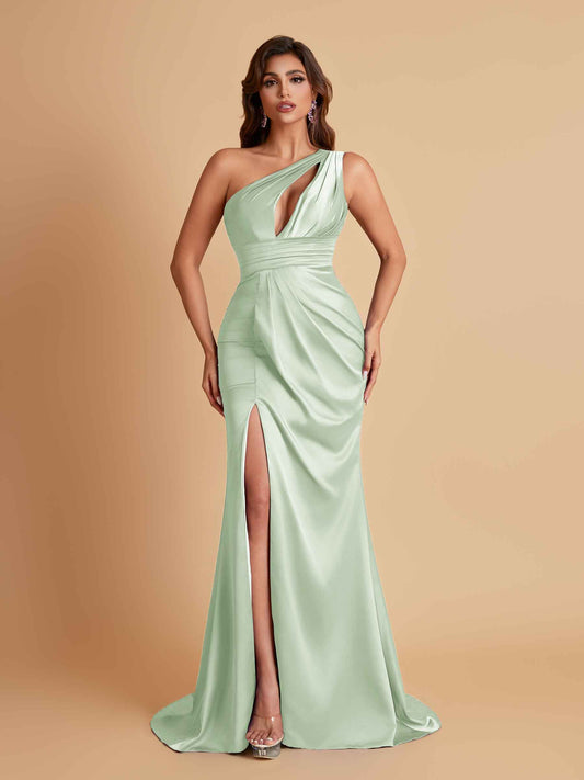 Sexy One Shoulder Soft Satin Side Slit Floor-Length Mermaid Bridesmaid Dresses