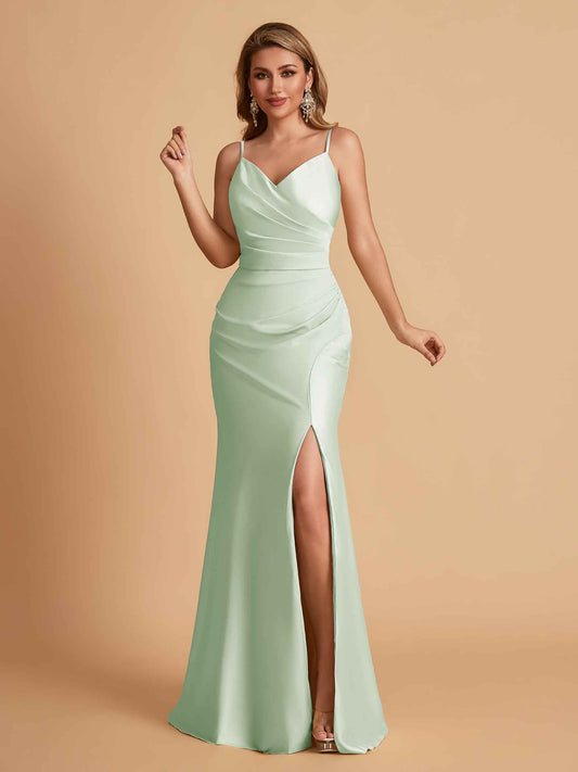 Elegant Satin Spaghetti Straps Mermaid Side Slit Floor Length Bridesmaid Dresses