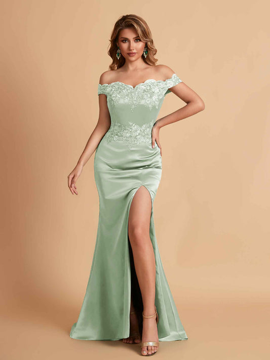 Elegant Satin Off Shoulder Mermaid Side Slit Floor Length Bridesmaid Dresses