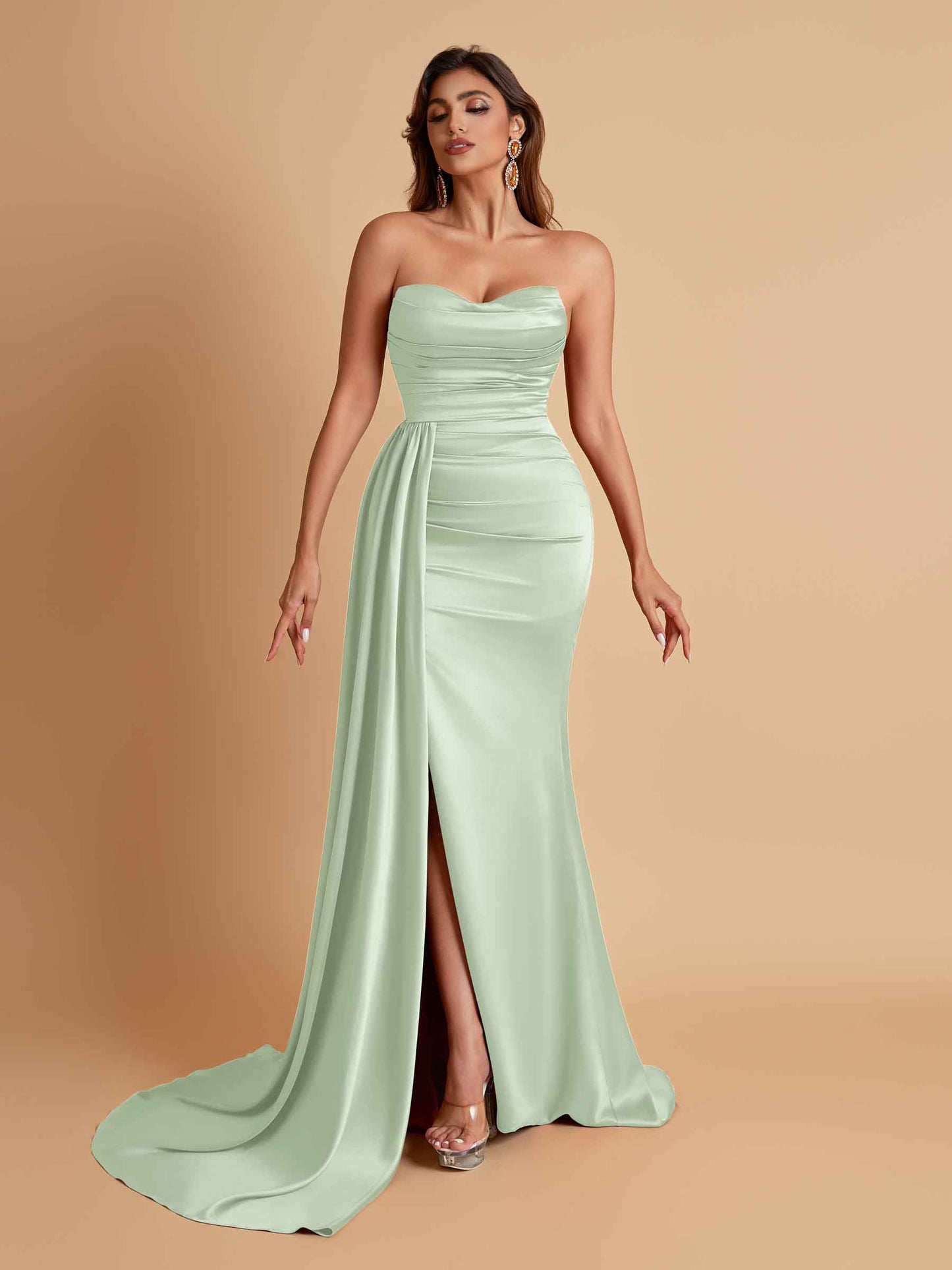 Elegant Soft Satin Sweetheart Strapless Side-Slit Mermaid Bridesmaid Dresses