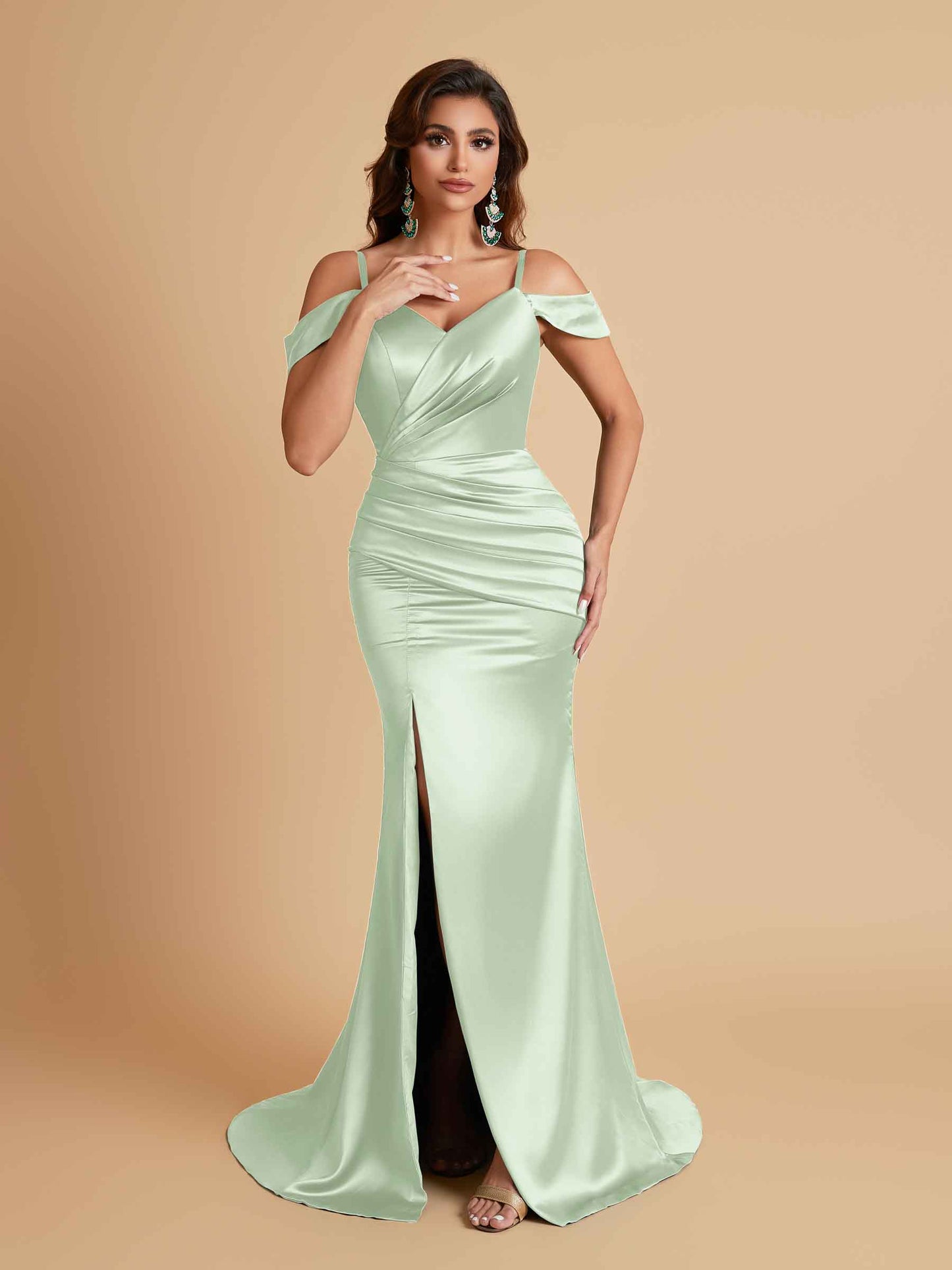 Sexy Soft Satin Mermaid Off Shoulder Side Slit Floor-Length Mermaid Bridesmaid Dresses