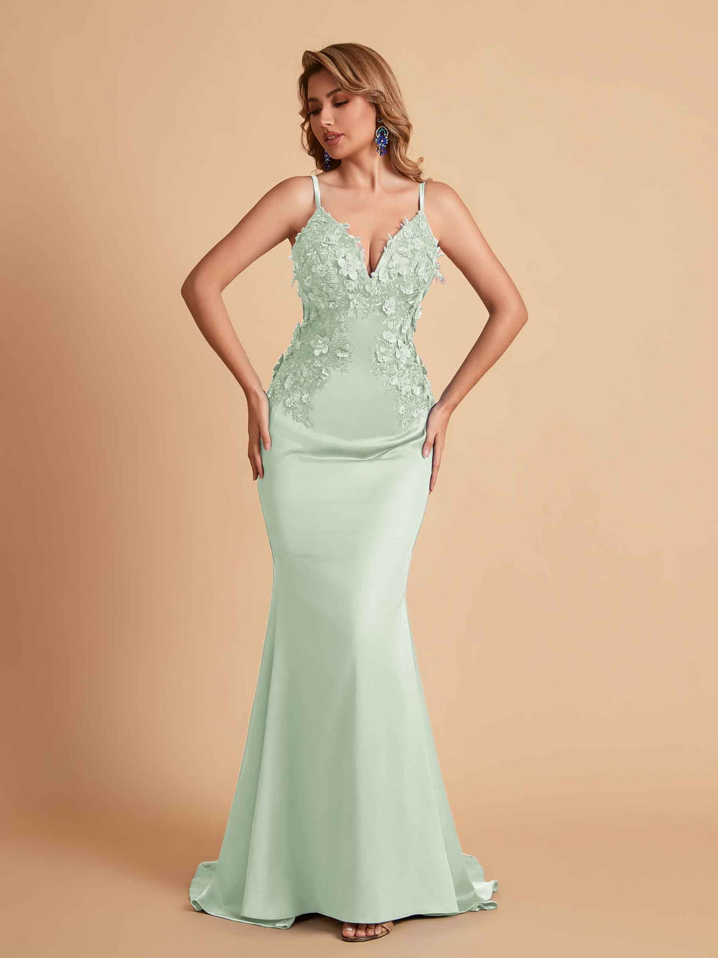 Sexy Satin Spaghetti Straps V-neck Mermaid Floor Length Applique Bridesmaid Dresses
