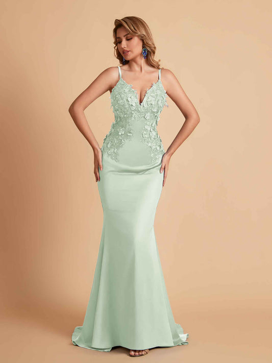 Sexy Satin Spaghetti Straps V-neck Mermaid Floor Length Applique Bridesmaid Dresses
