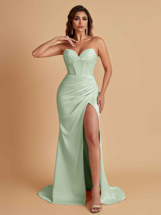 Elegant Soft Satin Mermaid V-neck Side Slit Floor-Length Bridesmaid Dresses Online