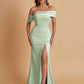 Elegant Soft Satin Mermaid Off Shoulder Asymmetrical Side Slit Floor-Length Bridesmaid Dresses