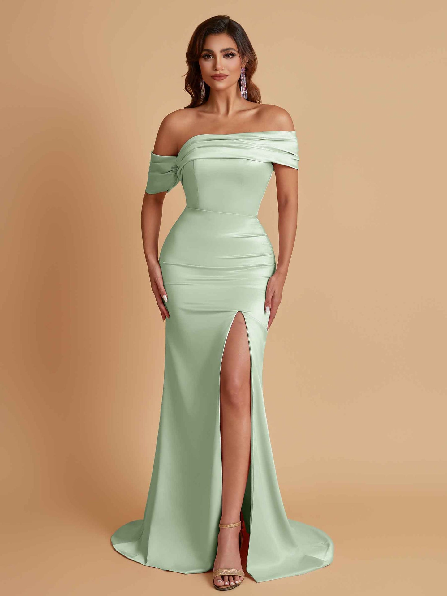 Elegant Soft Satin Mermaid Off Shoulder Asymmetrical Side Slit Floor-Length Bridesmaid Dresses