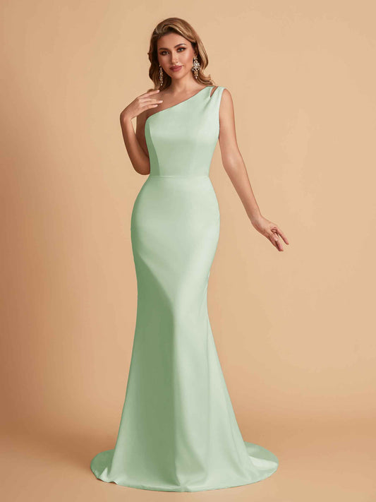 Elegant Satin One Shoulder Mermaid Side Slit Floor Length Bridesmaid Dresses