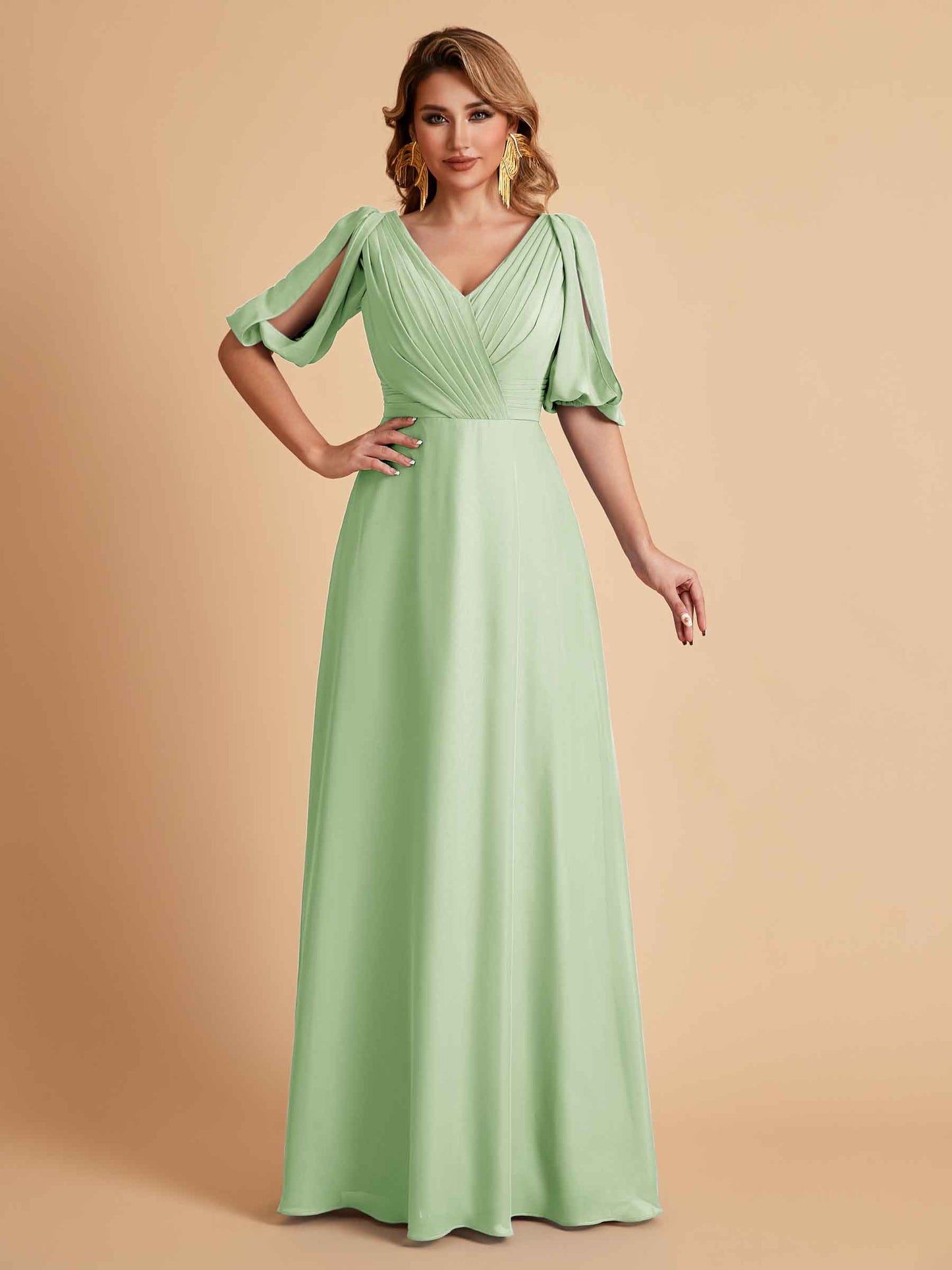 Elegant A-Line Chiffon Half Sleeves V-Neck Mother of the Brides Dresses Online