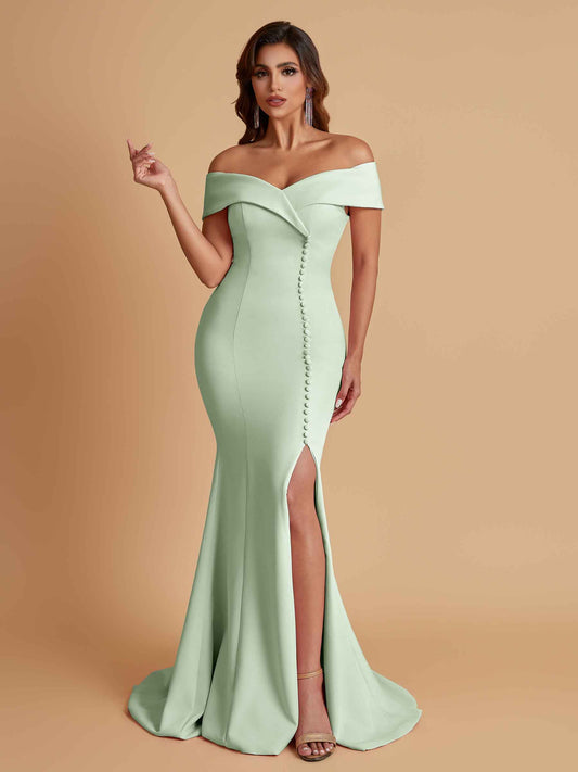 Elegant Soft Satin Mermaid Off Shoulder Side Slit Floor-Length Bridesmaid Dresses