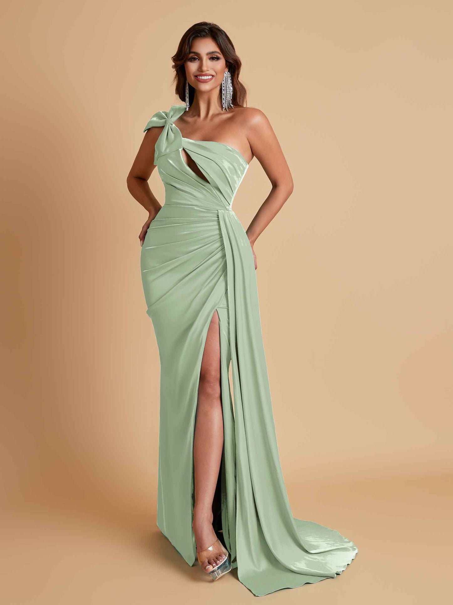 Gorgeous One Shoulder Bow Knot Soft Satin Side Slit Floor-Length Mermaid Bridesmaid Dresses