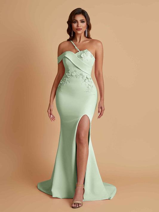Sexy Soft Satin Mermaid One Shoulder Asymmetrical Side Slit Floor-Length Bridesmaid Dresses