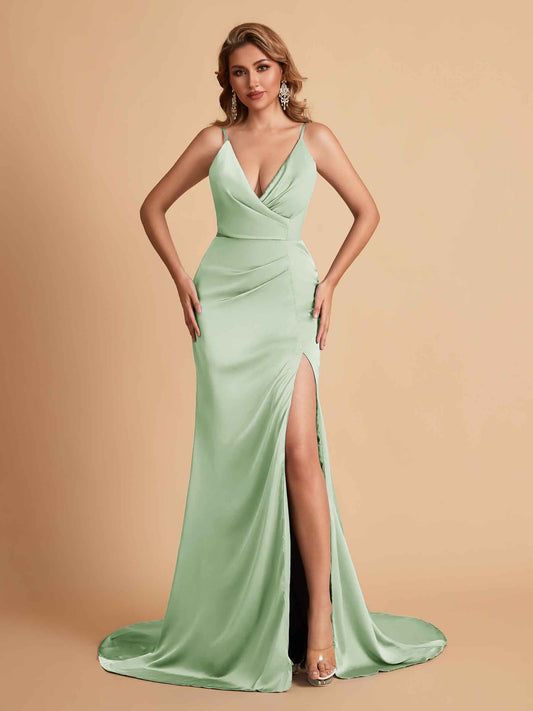 Elegant Satin Spaghetti Straps V-Neck Mermaid Side Slit Floor Length Bridesmaid Dresses