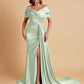 Elegant Soft Satin V-neck Off-the-Shoulder Side-Slit Mermaid Bridesmaid Dresses