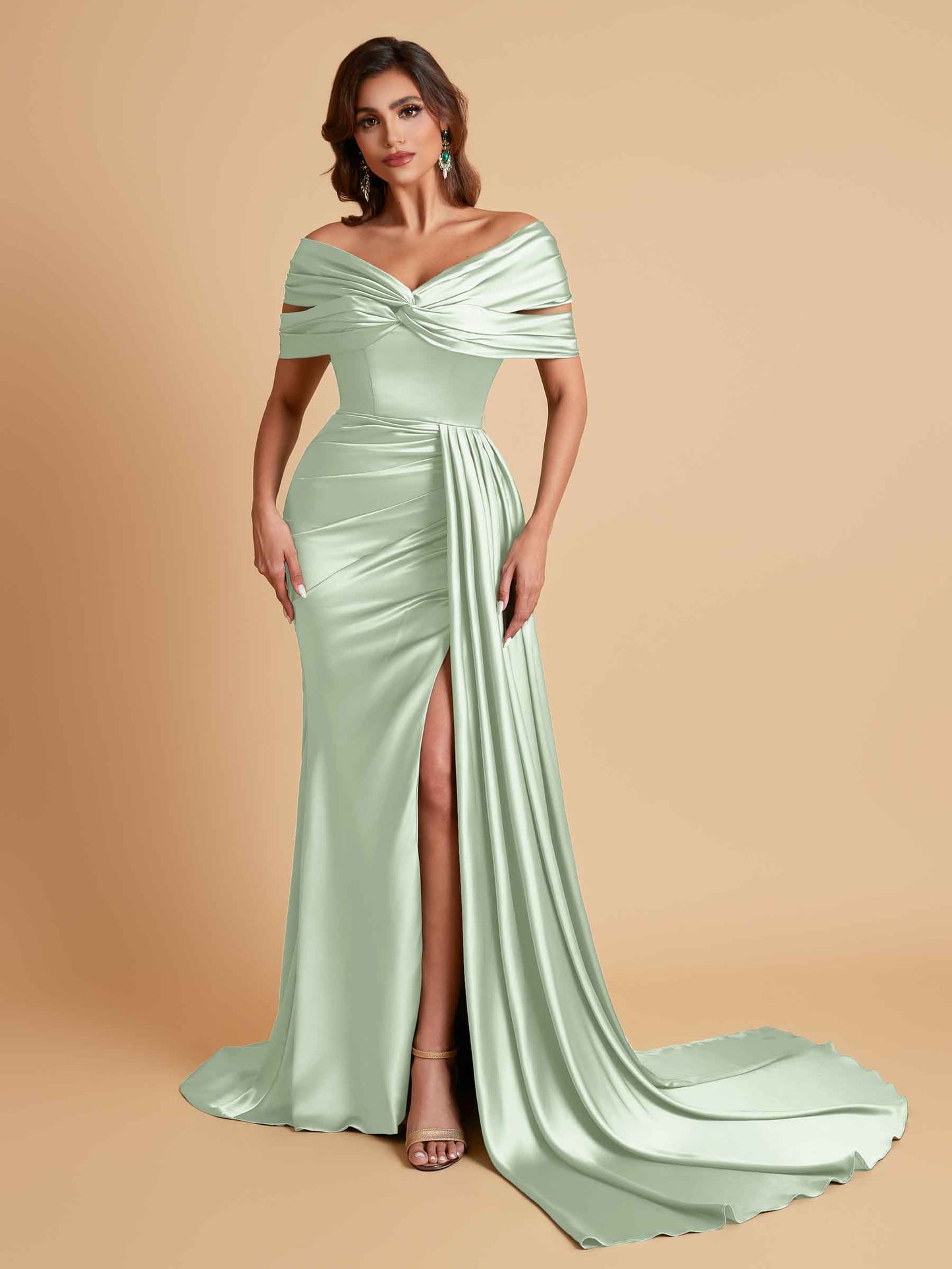 Elegant Soft Satin V-neck Off-the-Shoulder Side-Slit Mermaid Bridesmaid Dresses