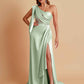 Sexy Soft Satin Mermaid One Shoulder Asymmetrical Side Slit Floor-Length Bridesmaid Dresses