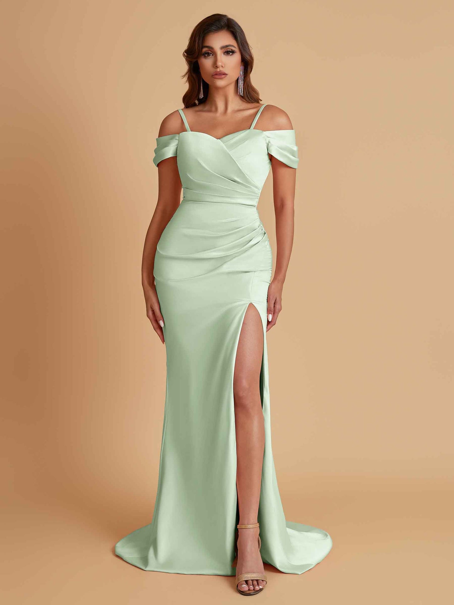 Sexy Soft Satin Mermaid Cold Shoulder Side Slit Floor-Length Bridesmaid Dresses Online