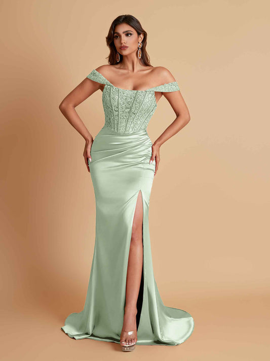 Sexy Soft Satin V-neck Off-the-shoulder Strapless Side-Slit Mermaid Bridesmaid Dresses