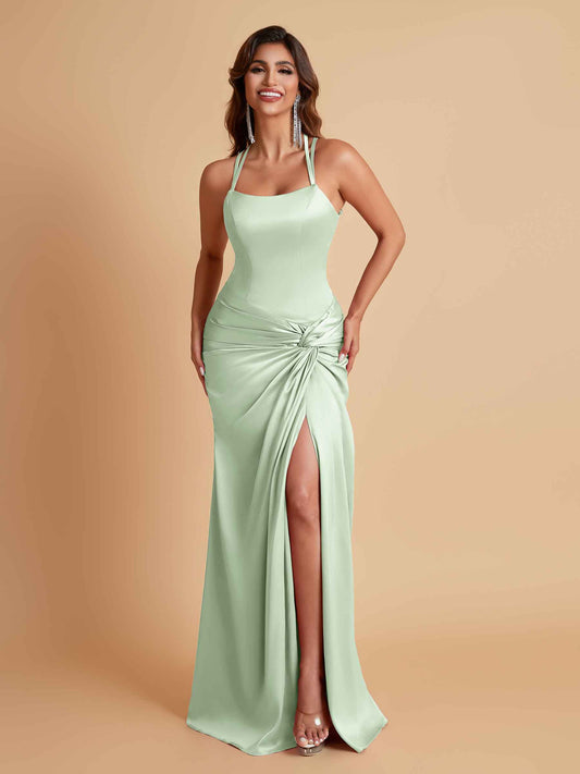 Gorgeous Square Criss Cross Soft Satin Side Slit Floor-Length Mermaid Bridesmaid Dresses