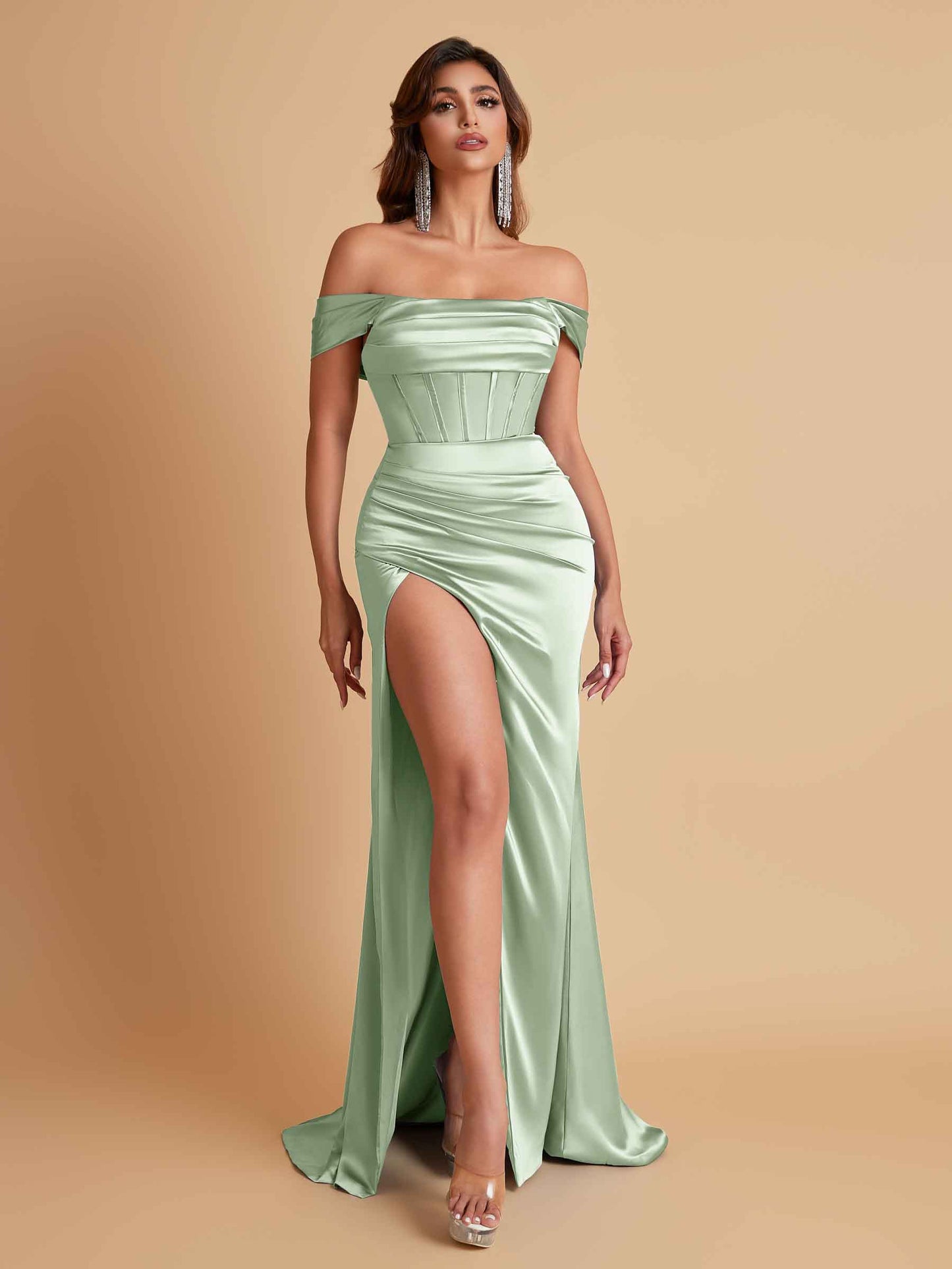 Sexy Off the Shoulder Soft Satin Side Slit Floor-Length Mermaid Bridesmaid Dresses