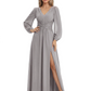 A-Line Mother of Bride Dress V-Neck Chiffon Gown Long Sleeves Slit Formal Dress