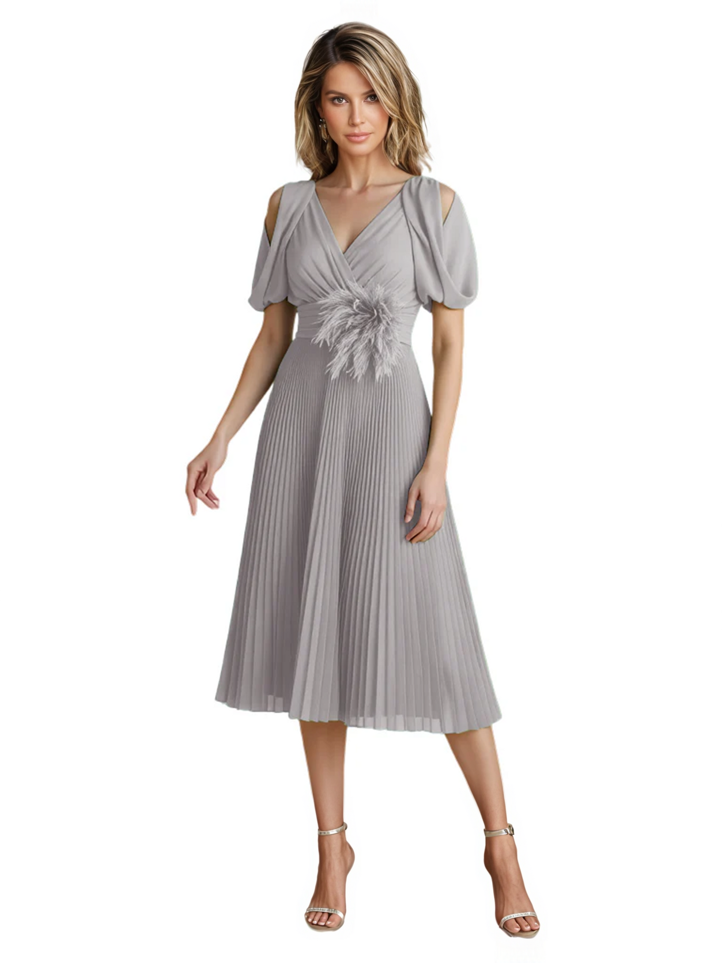 Wedding Formal Dress V-Neck Pleated Chiffon Gown with 3D Flower Accent Knee Length