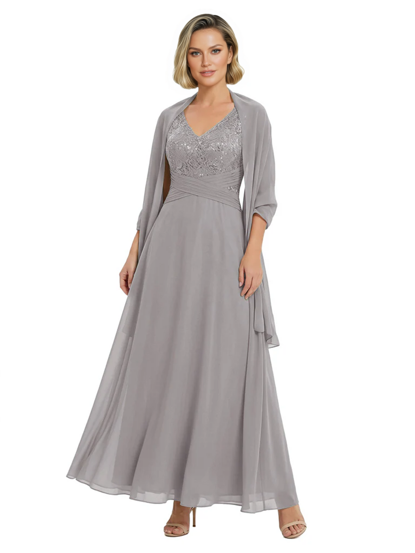 Luxury Formal Mother of Bride Dress Sparkling Sequin Top & Flowy Chiffon Skirt with Shawl