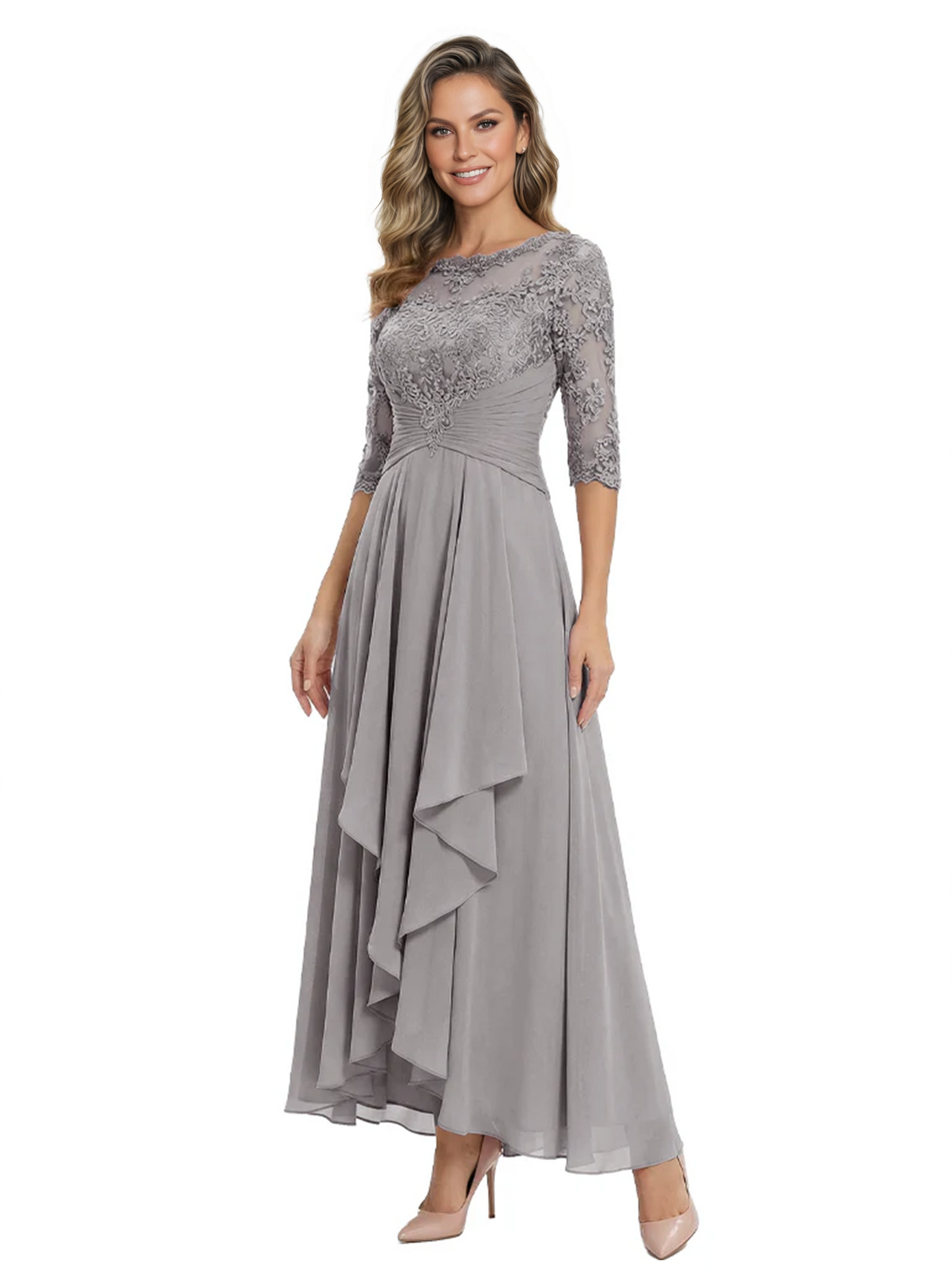3/4 Sleeve Mother of the Bride Dress with Lace Embroidery High-Low Hem 2026