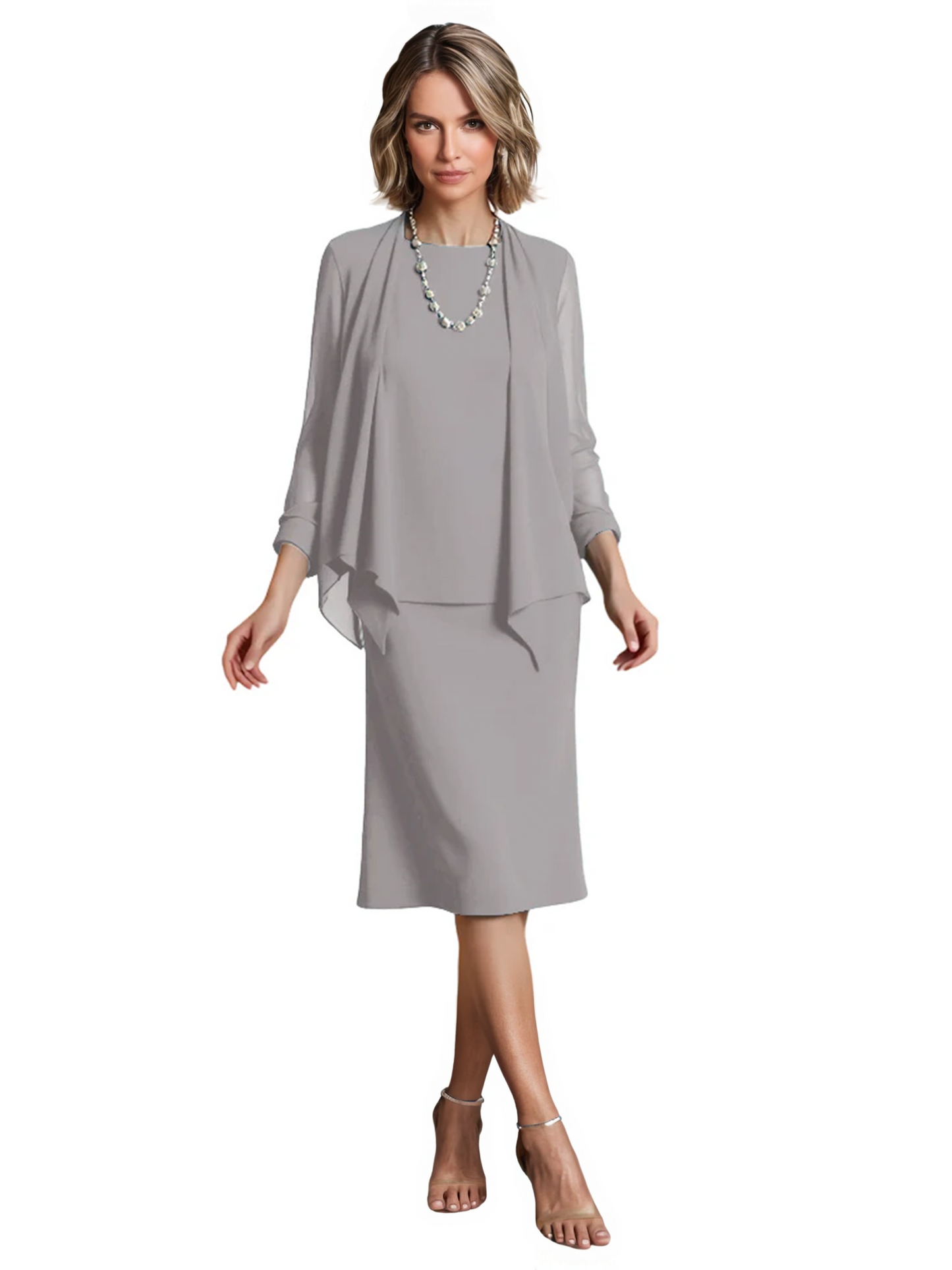 3 PCS Knee-Length Mother of Bride Dresses Prom Dress Evening Dress with Sheer Sleeves and Jacket