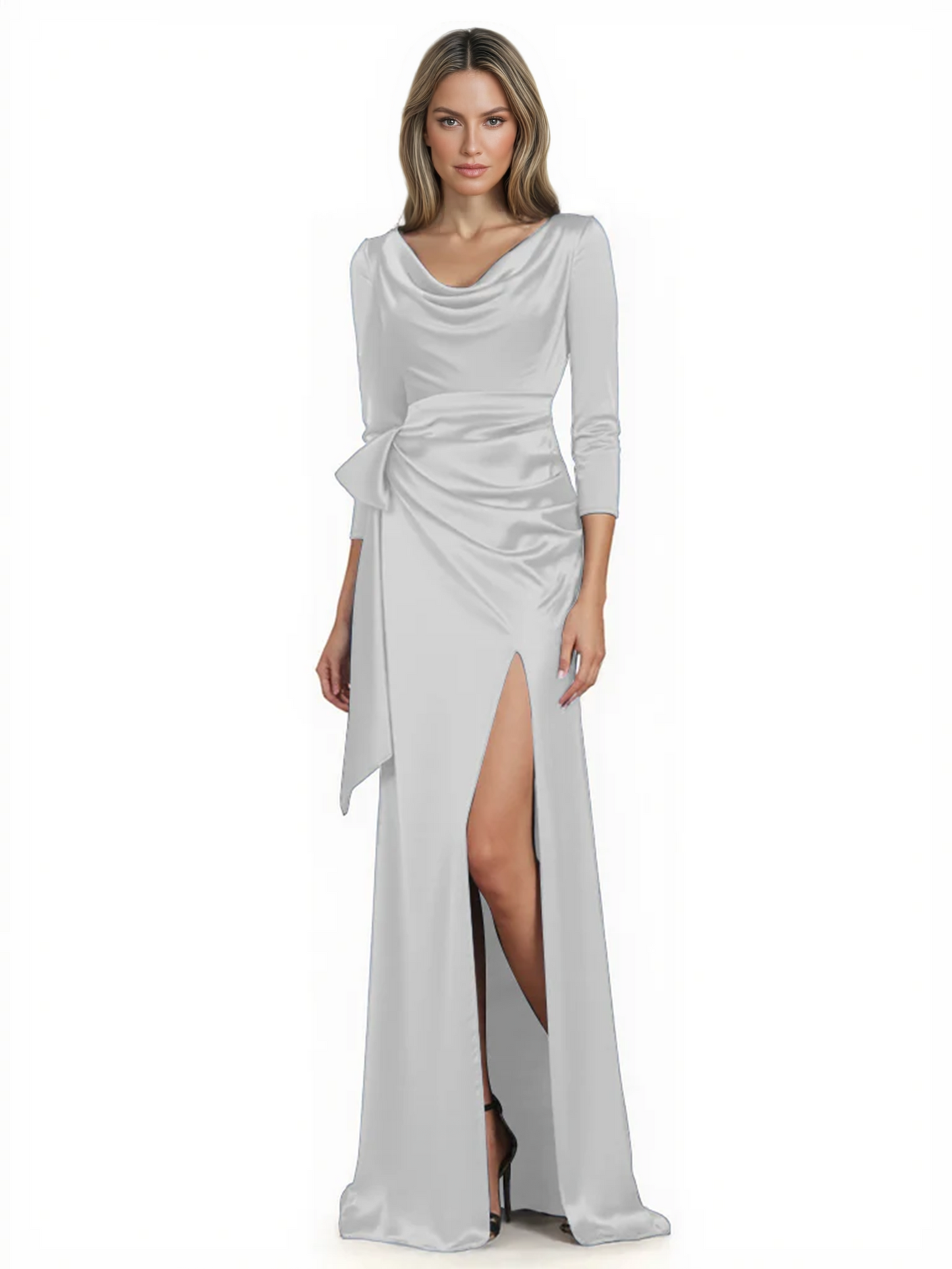 Elegant Evening Gowns Slit Trending Styles Satin Slit Formal Dress Cowl Neckline Gown Tie
