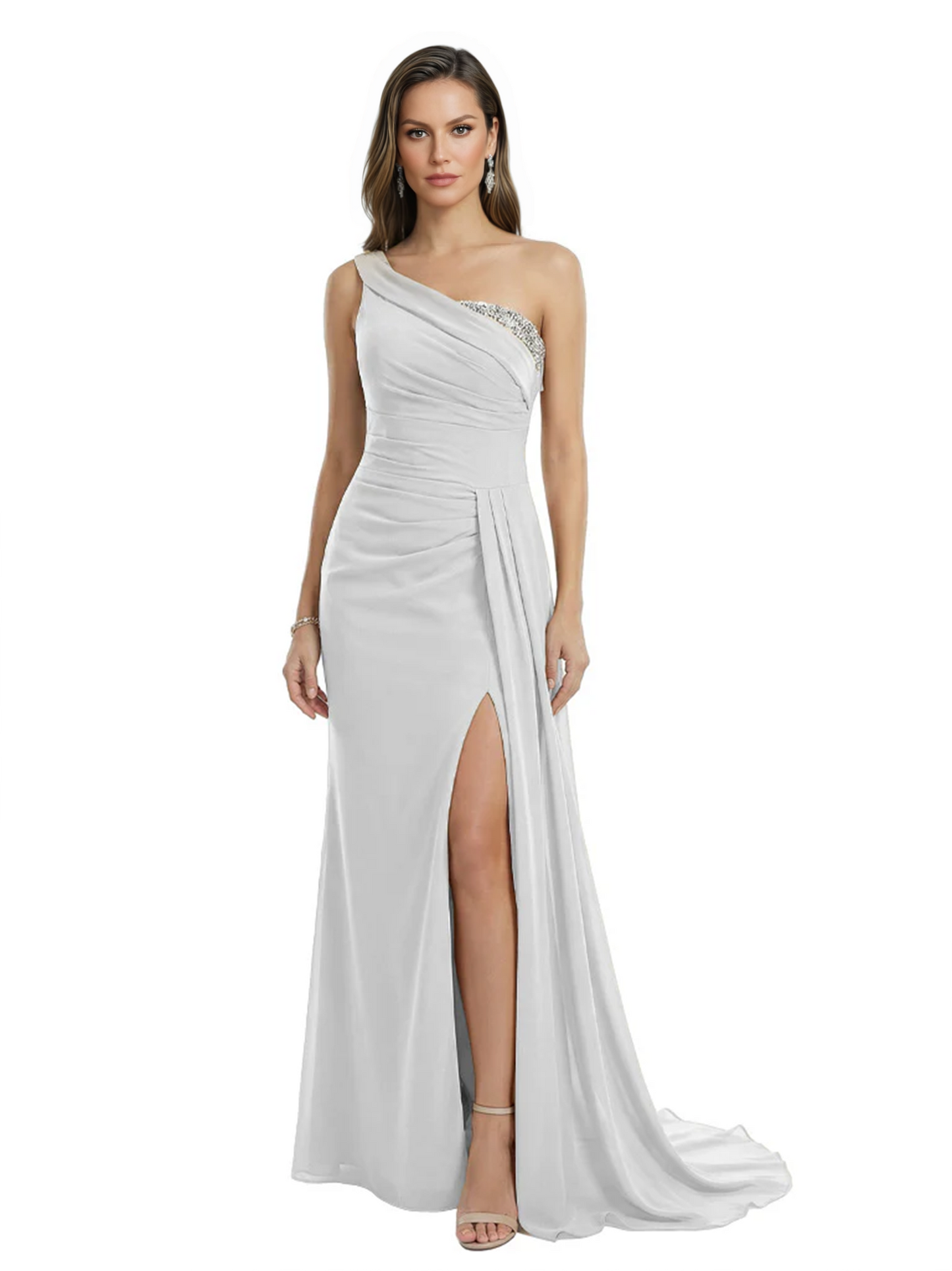 One Shoulder Mother of Bride Dress Ruffle Formal Gowns Mermaid Floor Length Train Slit