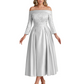 Off Shoulder Mother of the Bride Dress Tea-Length Satin Gown with Lace Applique