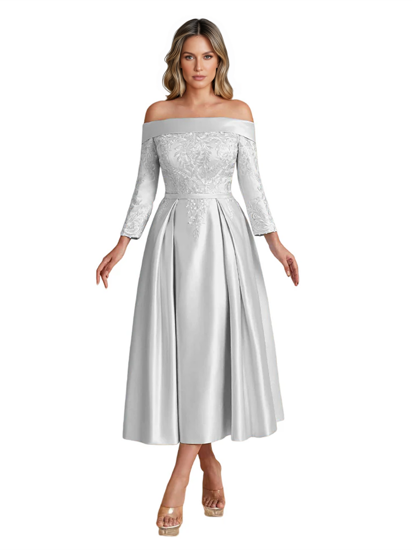 Off Shoulder Mother of the Bride Dress Tea-Length Satin Gown with Lace Applique