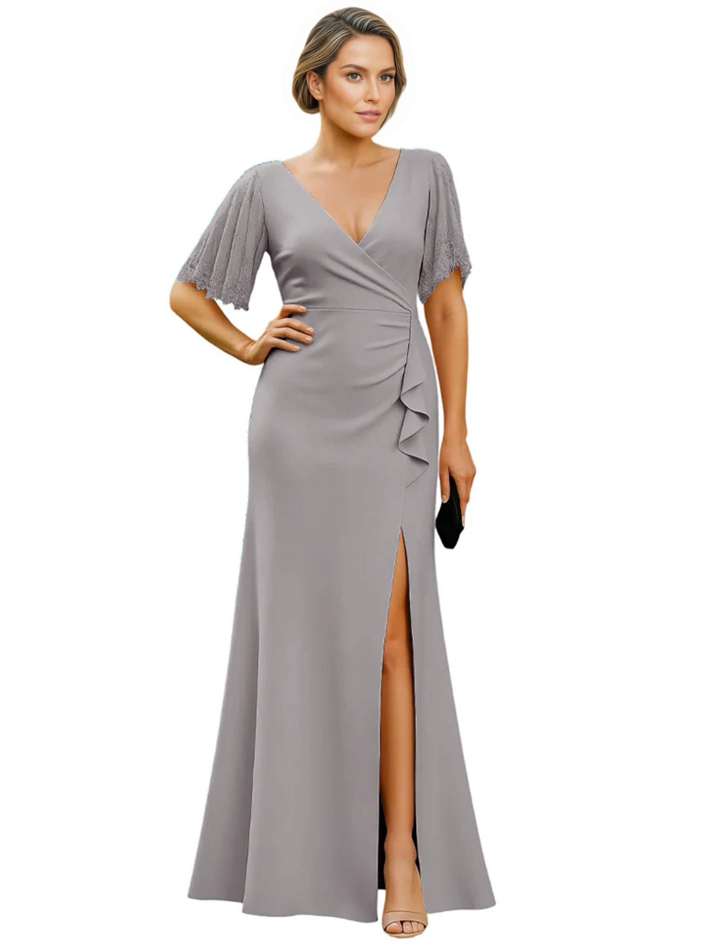 Elegant Evening Gown Trending V-Neck & Ruffle Detail Mother of Bride Outfits Slit