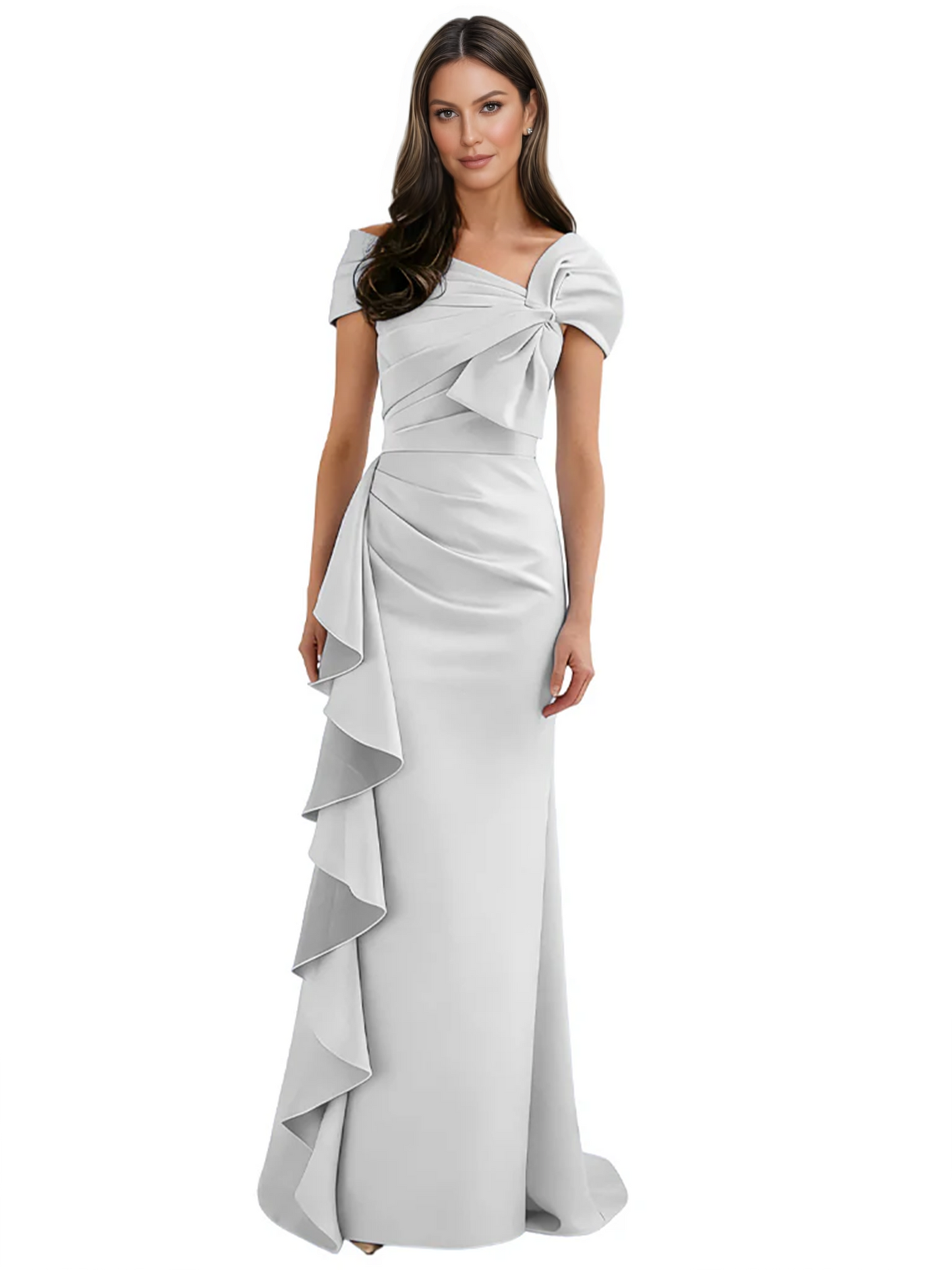 Elegant Mother of Bride Dress Formal Gowns Mermaid Ruffle Floor Length Asymmetric Neckline