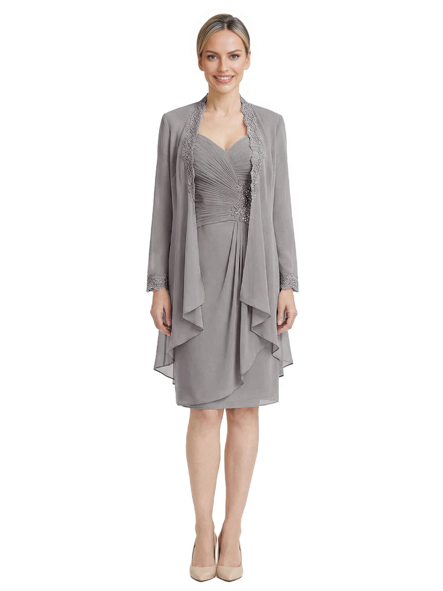 2PCS Knee Length Chiffon Mother of the Brides Dresses Short V-Neck