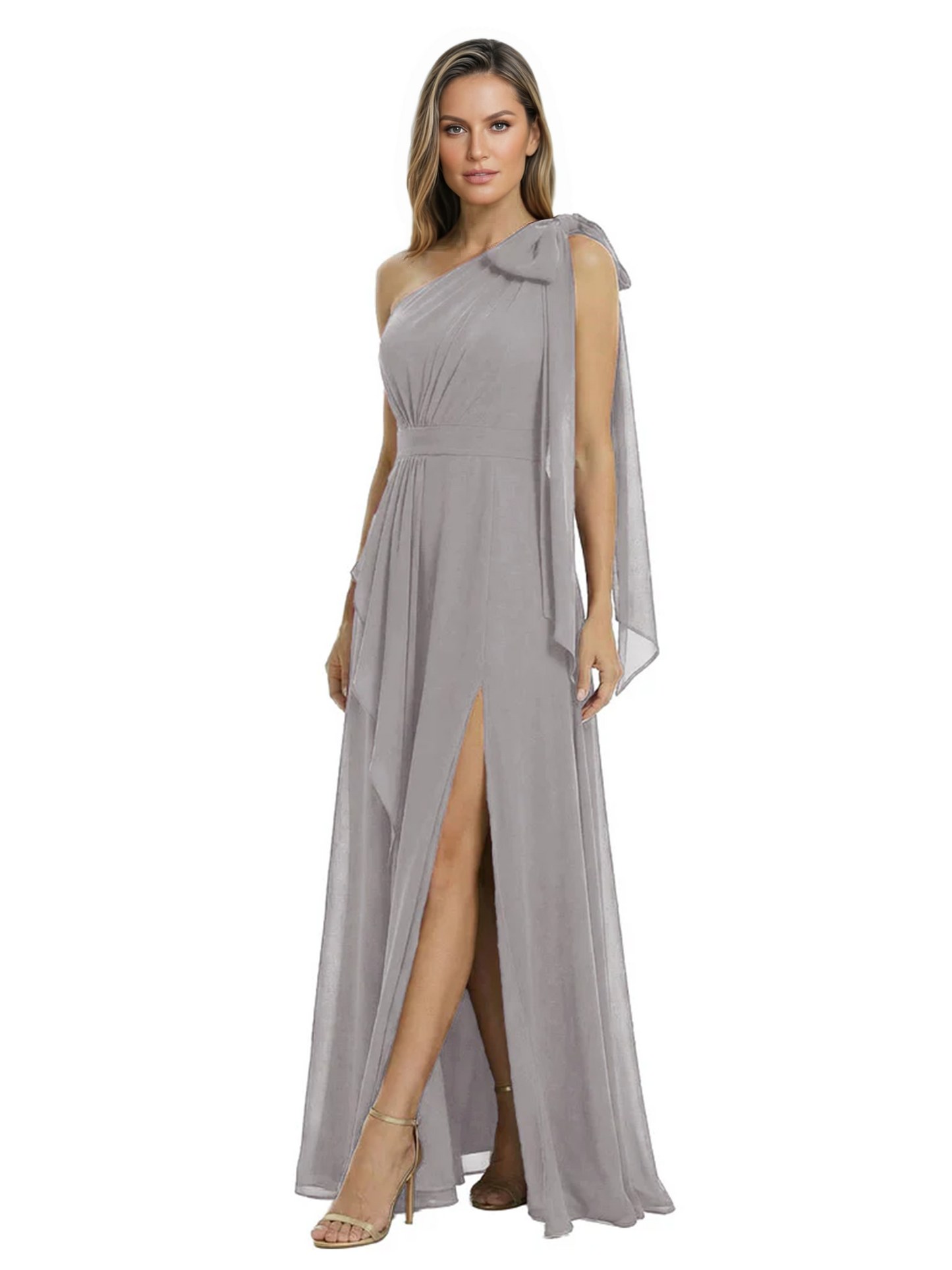 One-Shoulder Mother of the Bride Dress Chiffon Gown with Long Sash Detail