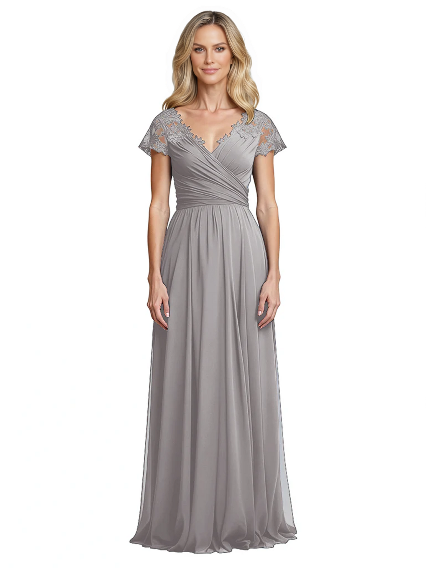 Mother of the Bride Dress Cap Sleeves and V-Neckline with Embroidered Lace Shoulders