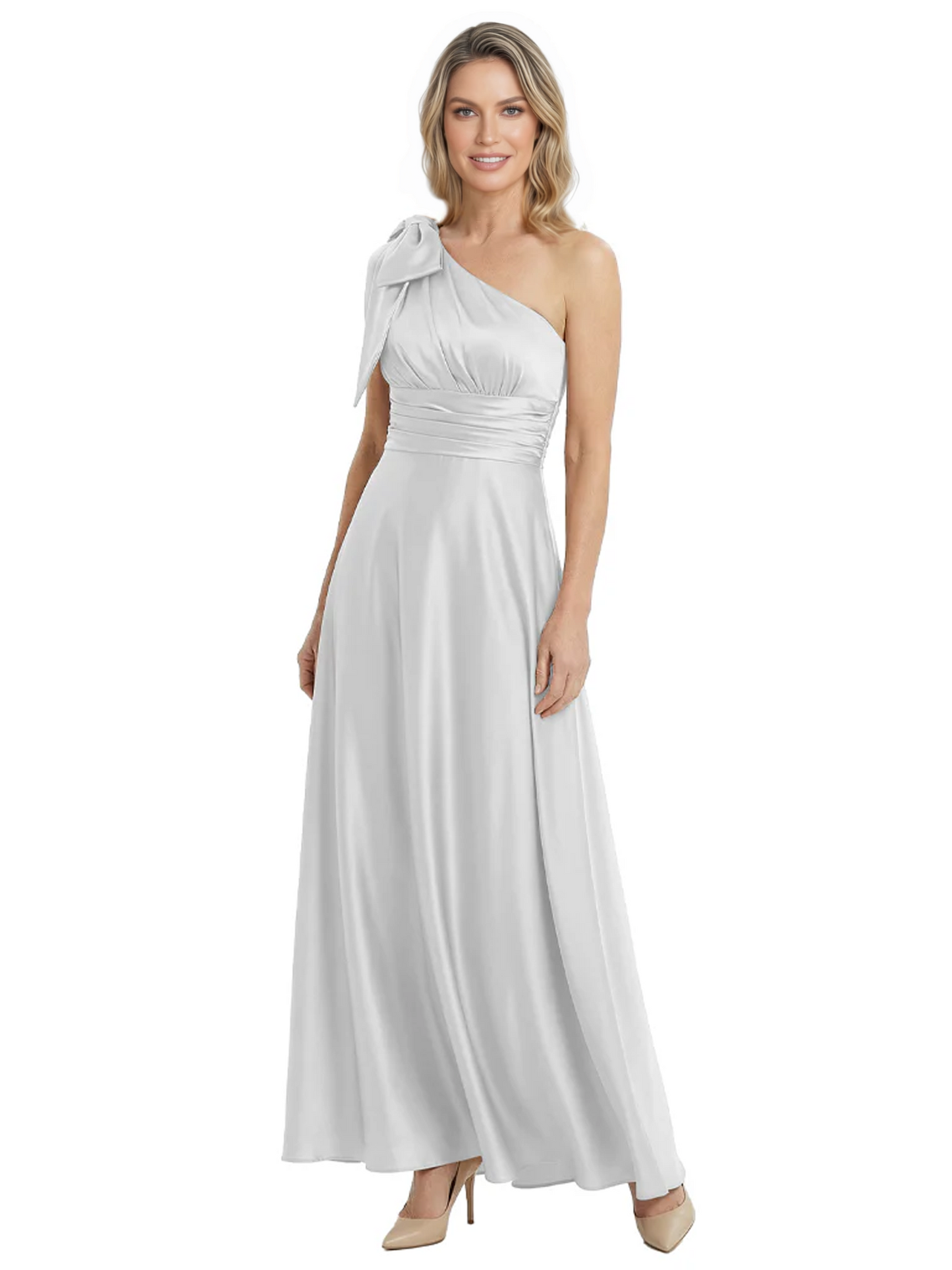 One-Shoulder Mother of the Bride Dress Satin Gown with Bow Ruched Empire Waist