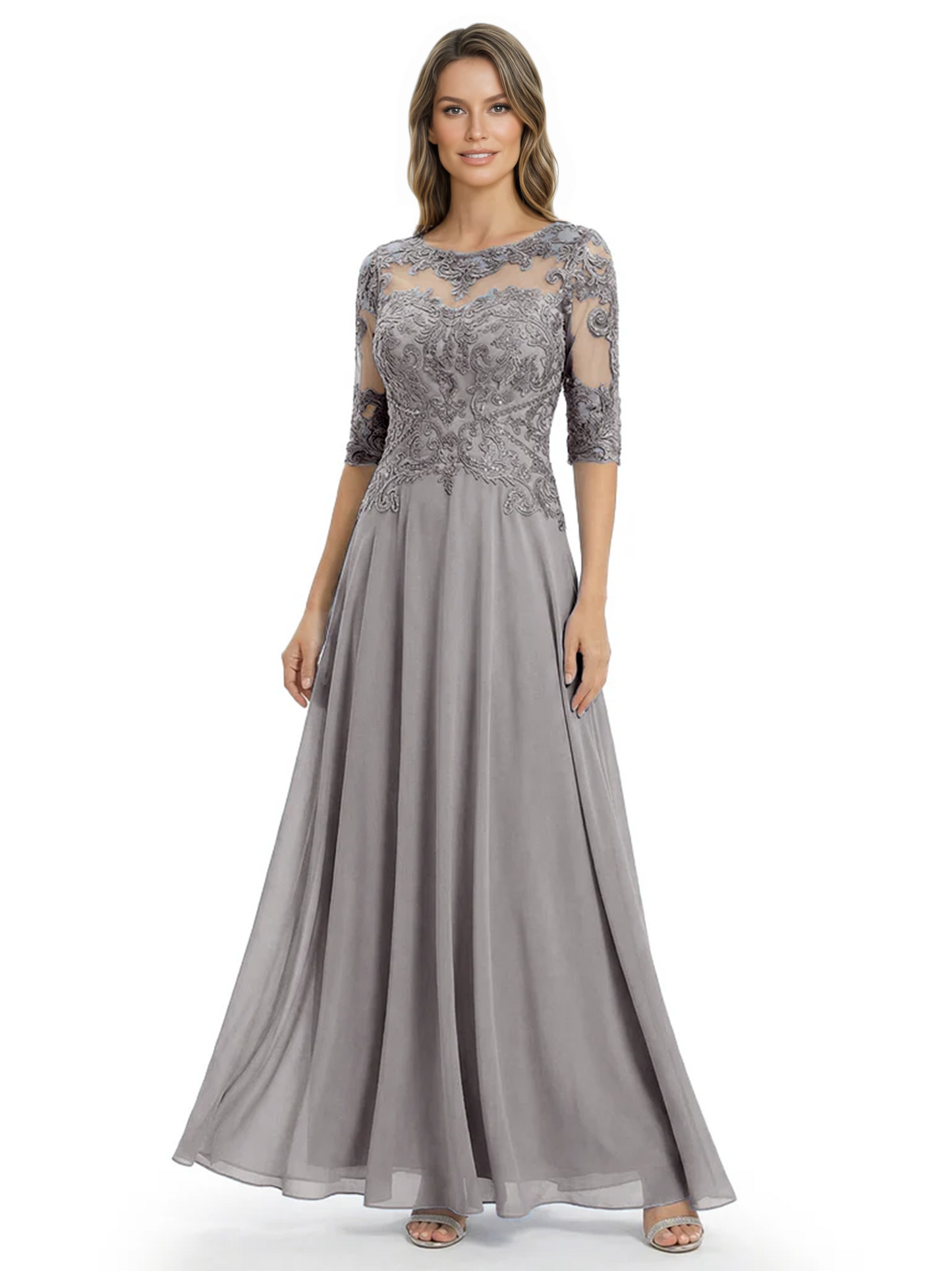 Illusion Neck Mother of the Bride Dress Half Sleeve Lace Applique Gowns Chiffon