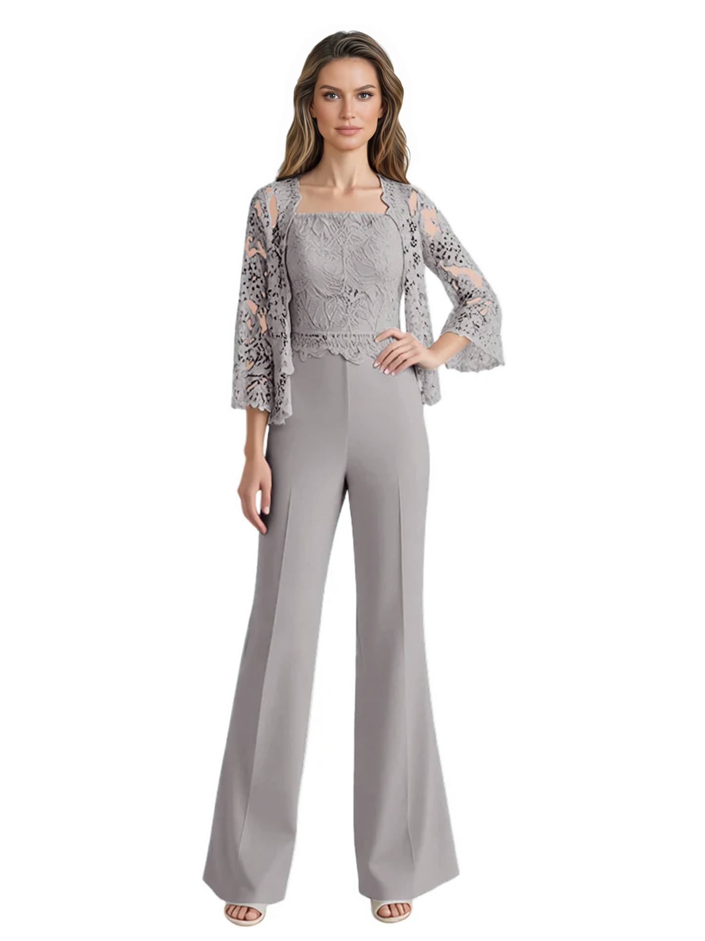 Mother of the Bride Jumpsuit with Lace Jacket 3/4 Sleeve Formal Pant Suit