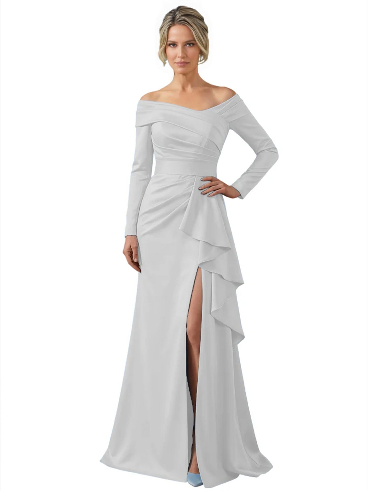 Elegant Mother of the Groom Dress Cascading Ruffle Satin Gown with High Slit Long Sleeves