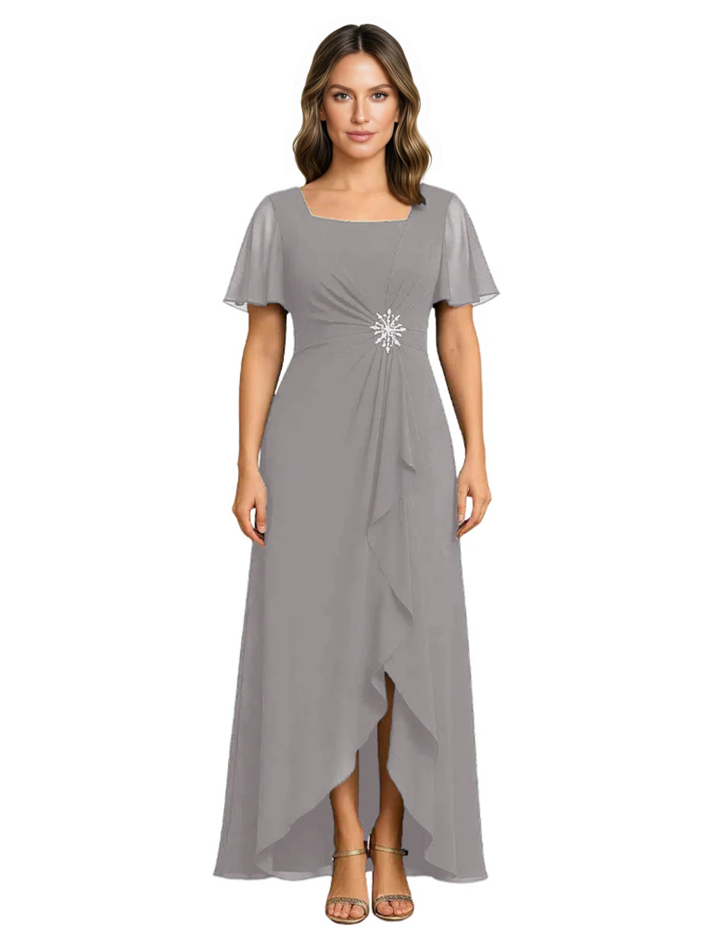 Formal High-Low Mother of the Bride Gown Sleeved Chiffon Maxi Dress Ruched Waist