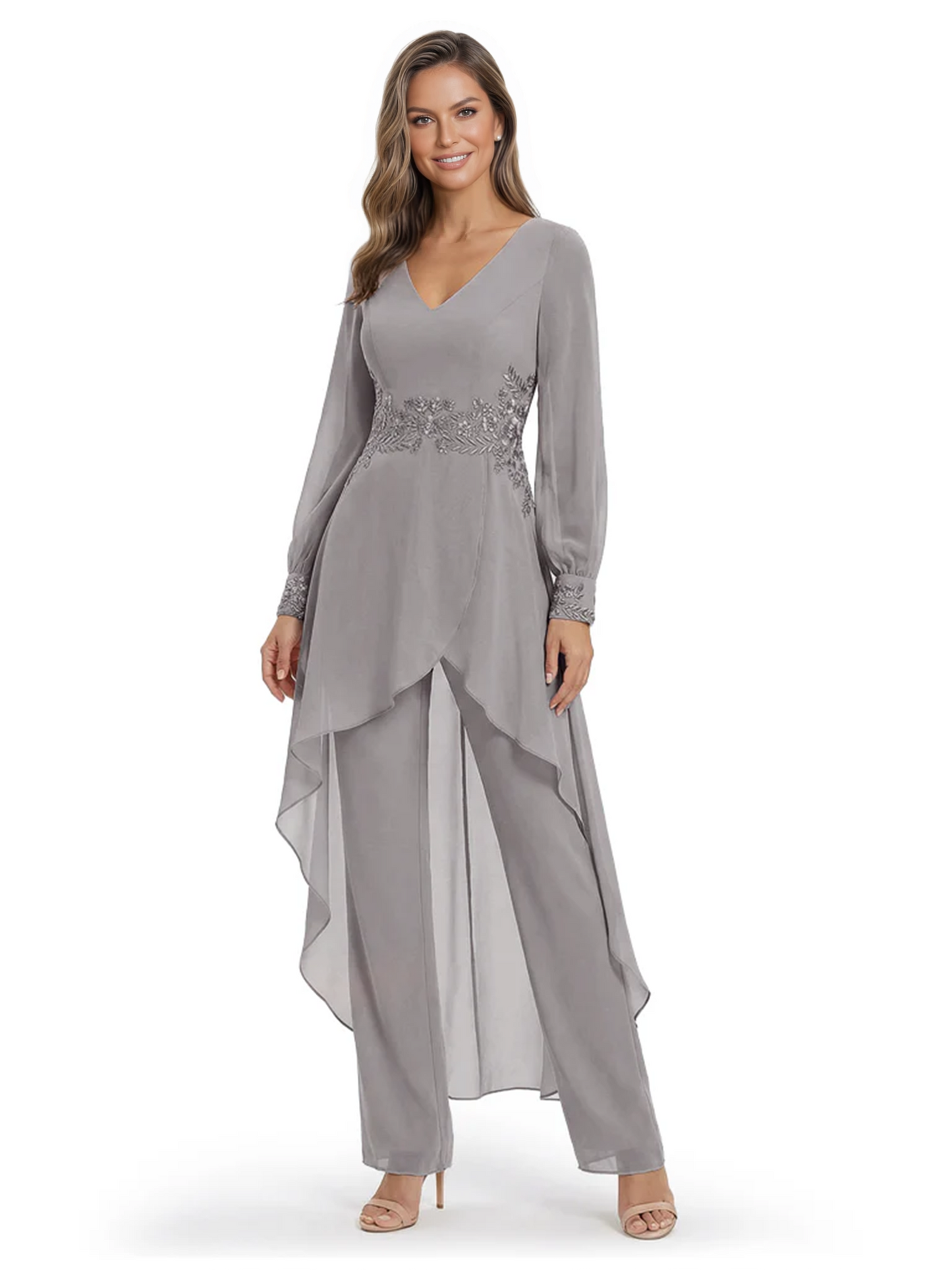 Luxury Black Formal Trousers Set High-Low Chiffon Top with Sparkling Beaded Detail