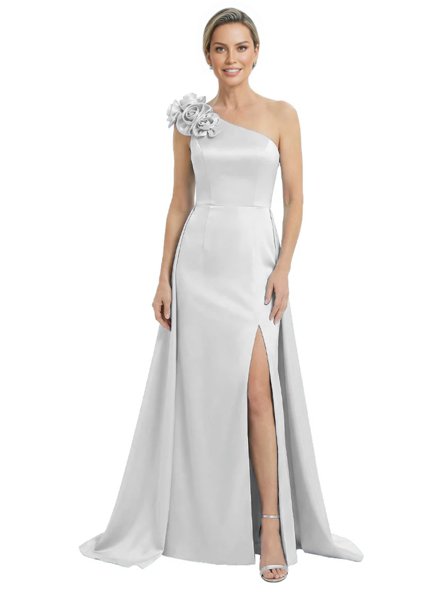 One Shoulder Mother of the Bride Dress with 3D Floral Detail Formal Dress A-Line Gowns with Slit