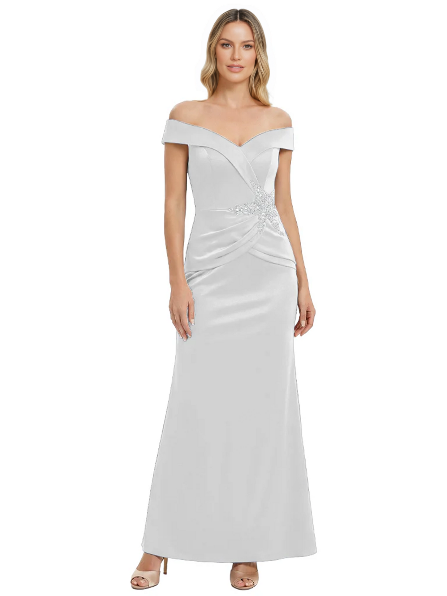 Off Shoulder Mother of the Bride Dress Beaded Waist Satin Gown Portrait Neckline