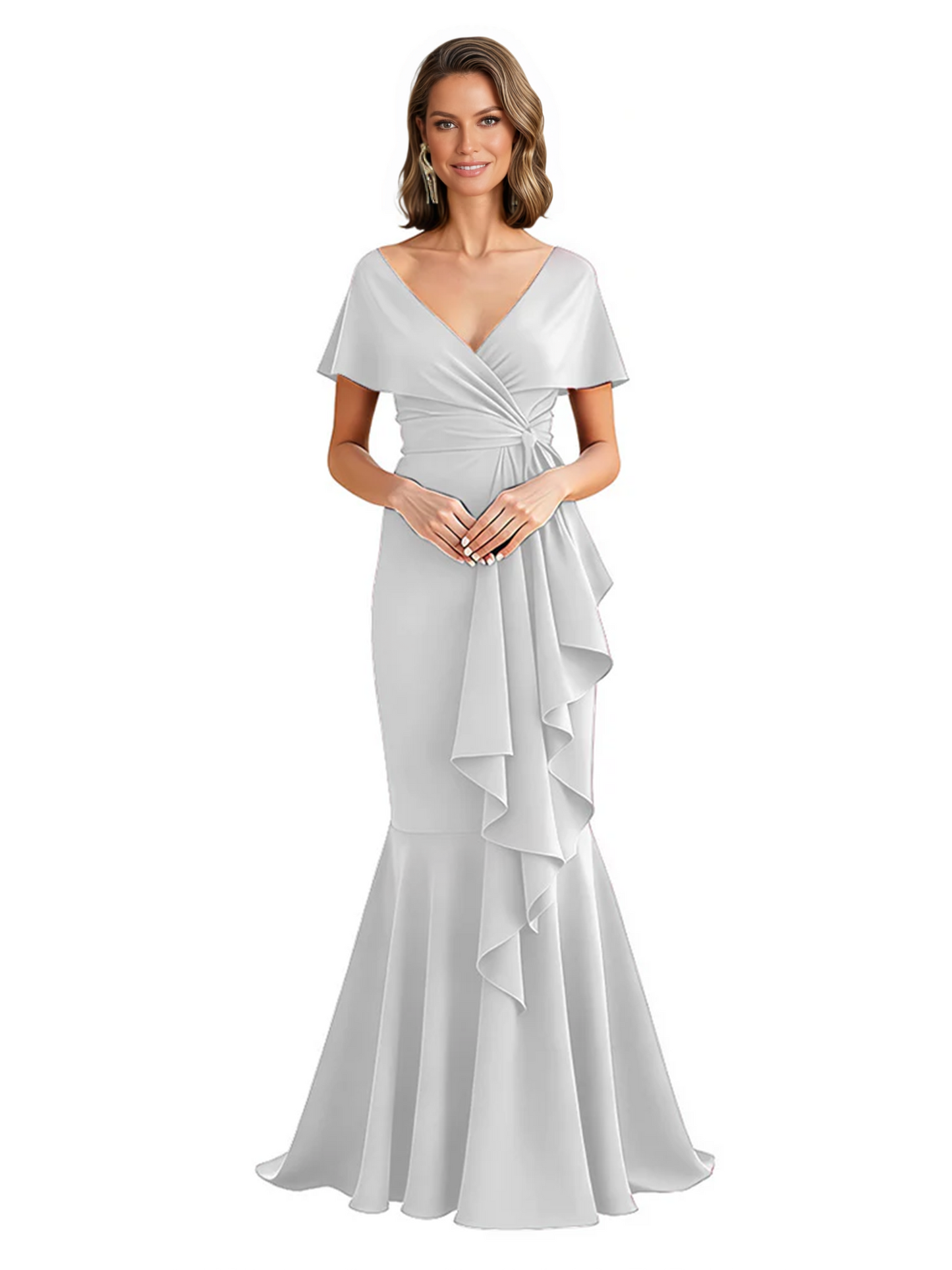 Satin Mother of the Bride Dress with Cascading Ruffles and Mermaid Tail V-Neck