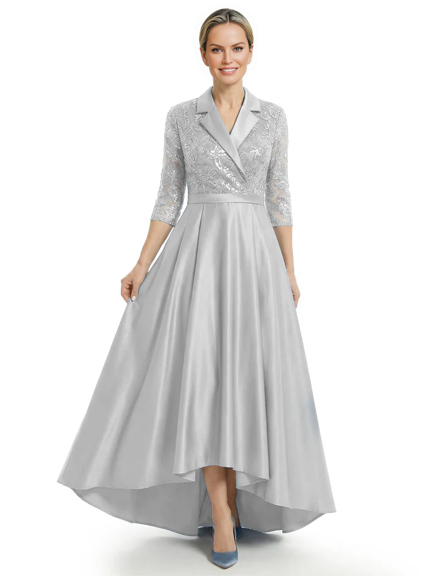 Elegant Mother of Bride Dress Evening Gowns Trending Styles with Lapel Collar 3/4 Sleeves